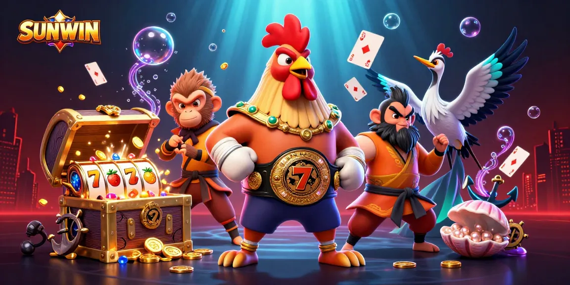 Join the thrilling SUNWIN adventure with a Muay Thai rooster and Shaolin monkey amid explosive treasures and slot reels.