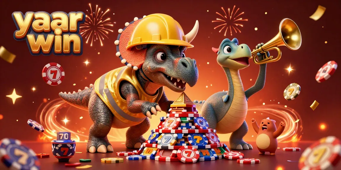 Celebrate a winning moment at yaar win with vibrant casino elements and cheerful characters.