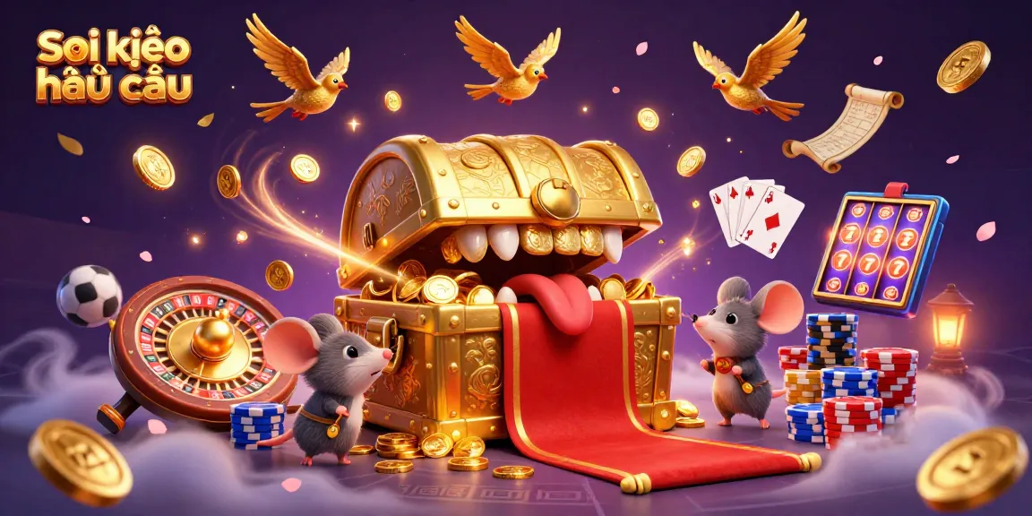 Soi kèo nhà cái highlights thrilling sports betting elements with an adventurous treasure chest in a dynamic casino scene