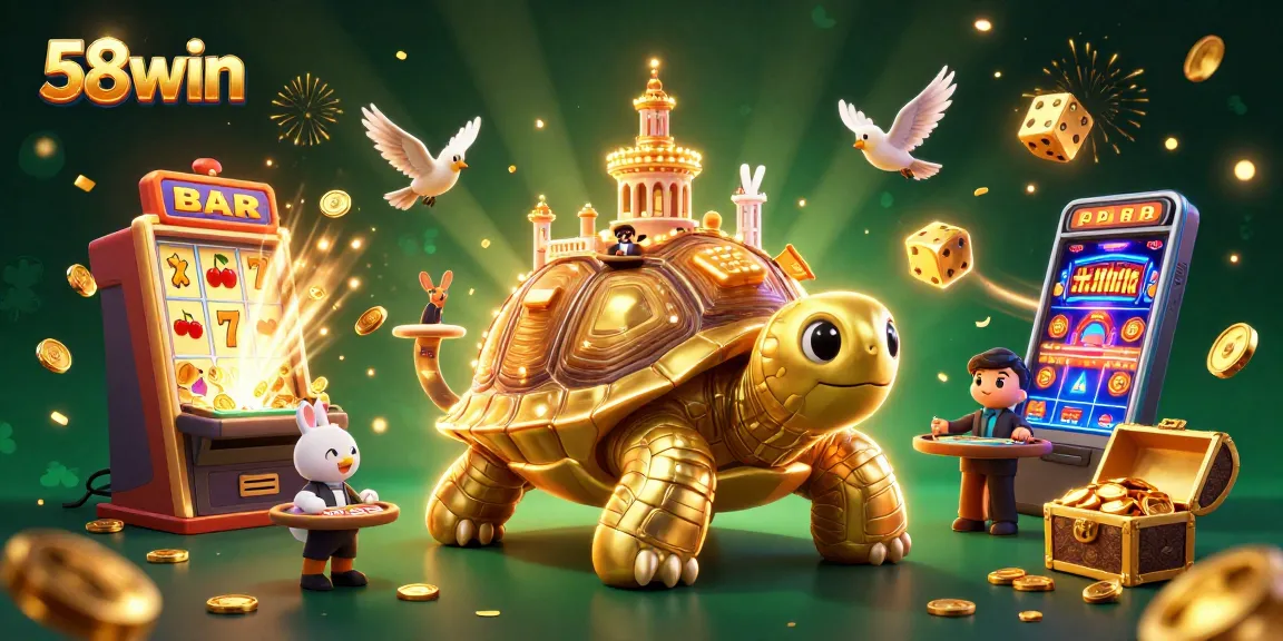 Experience 58win's thrilling casino atmosphere with a dynamic scene of vibrant characters and exciting game elements.