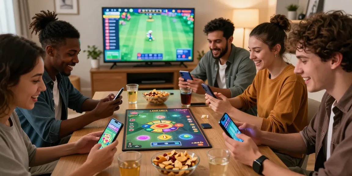 Friends enjoying jaiclub game on smartphones in a cozy living room setting.