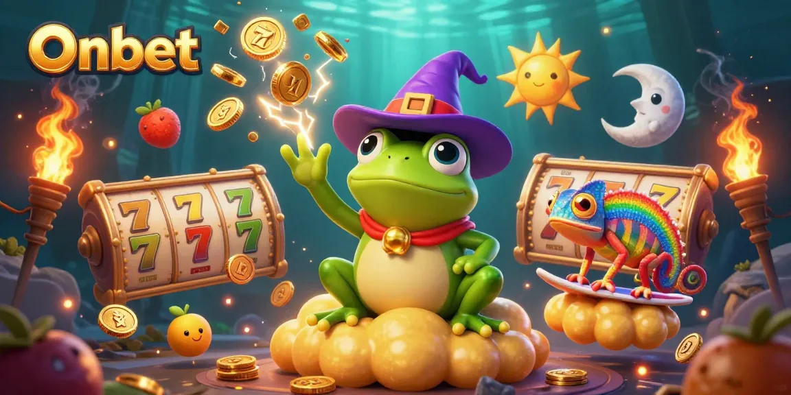 Experience Onbet's thrilling slot games with a magical wizard and vibrant chameleon illustration.