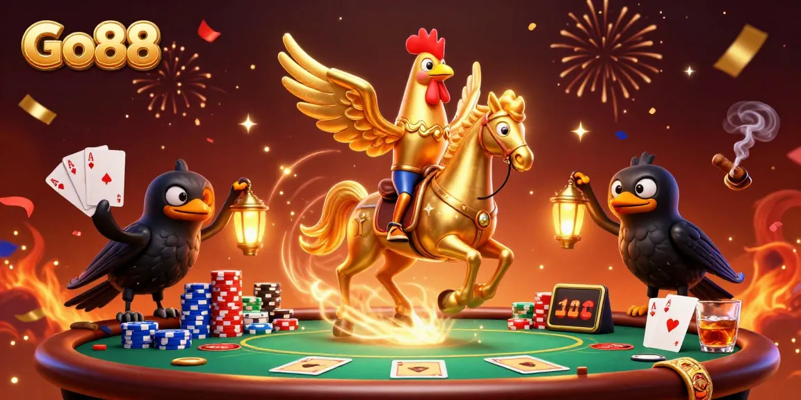 Experience winning at Go88 with a golden rooster and friends in a vibrant casino scene.
