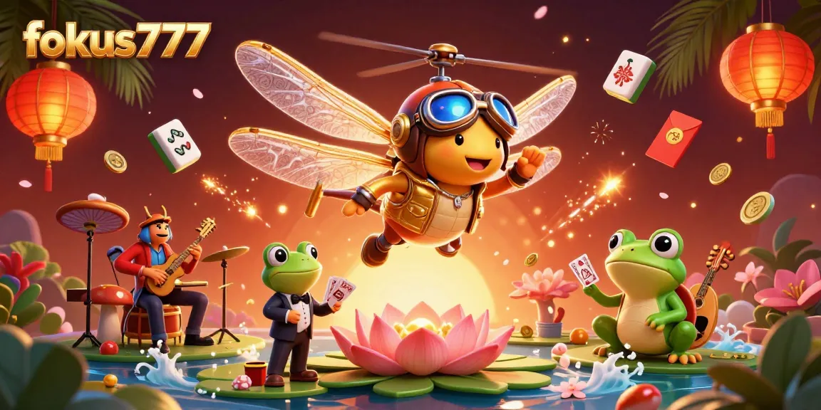 Experience thrilling gameplay with fokus777 featuring a lively 3D dragonfly pilot and frog croupier in a vibrant casino.