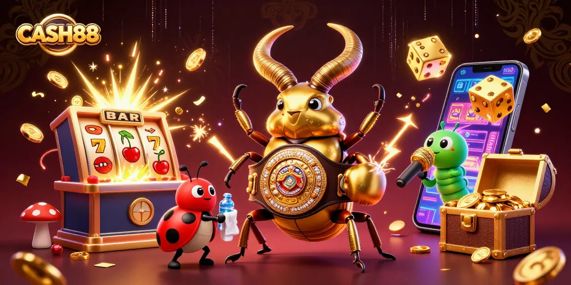 CASH88 jackpot scene with a golden stag beetle, ladybug, and caterpillar, celebrating wins.