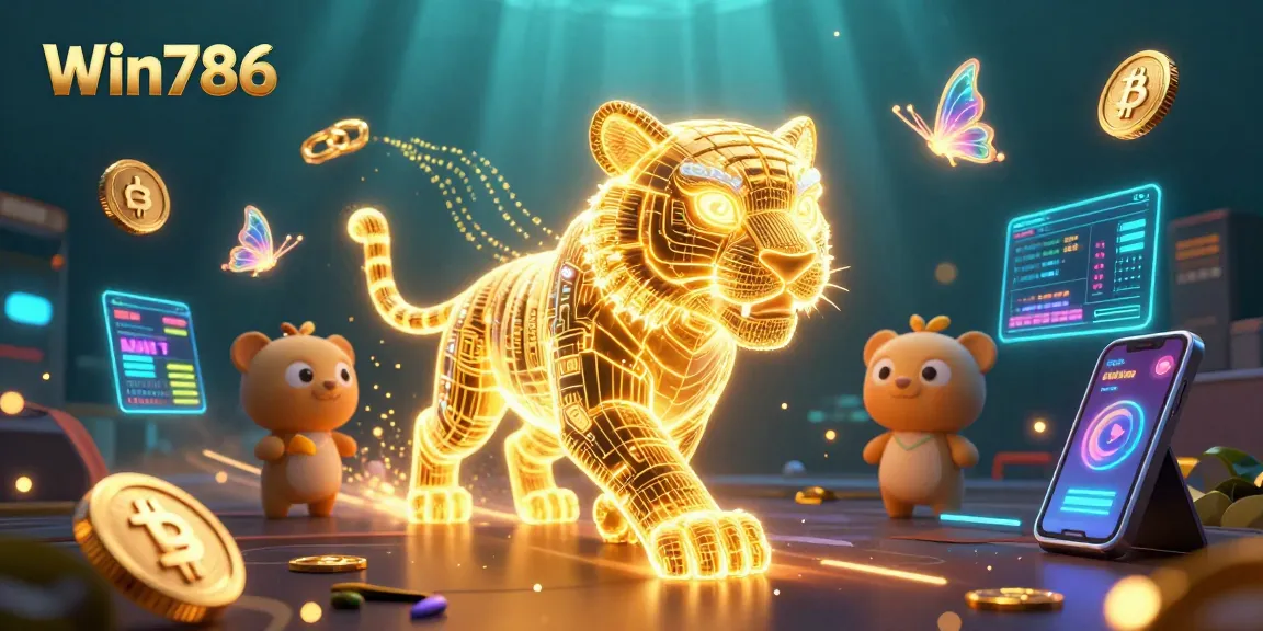 Win786 engages players in a vibrant casino scene with a glowing tiger and blockchain elements.