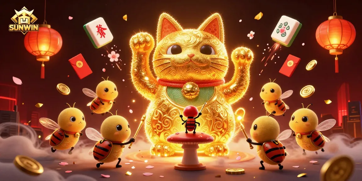 Experience the thrill of SUNWIN with a vibrant illustration of a lucky cat amidst casino elements!