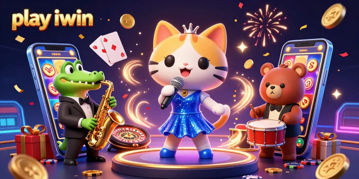 Play iwin with vibrant casino scene featuring animated characters and exciting game elements.