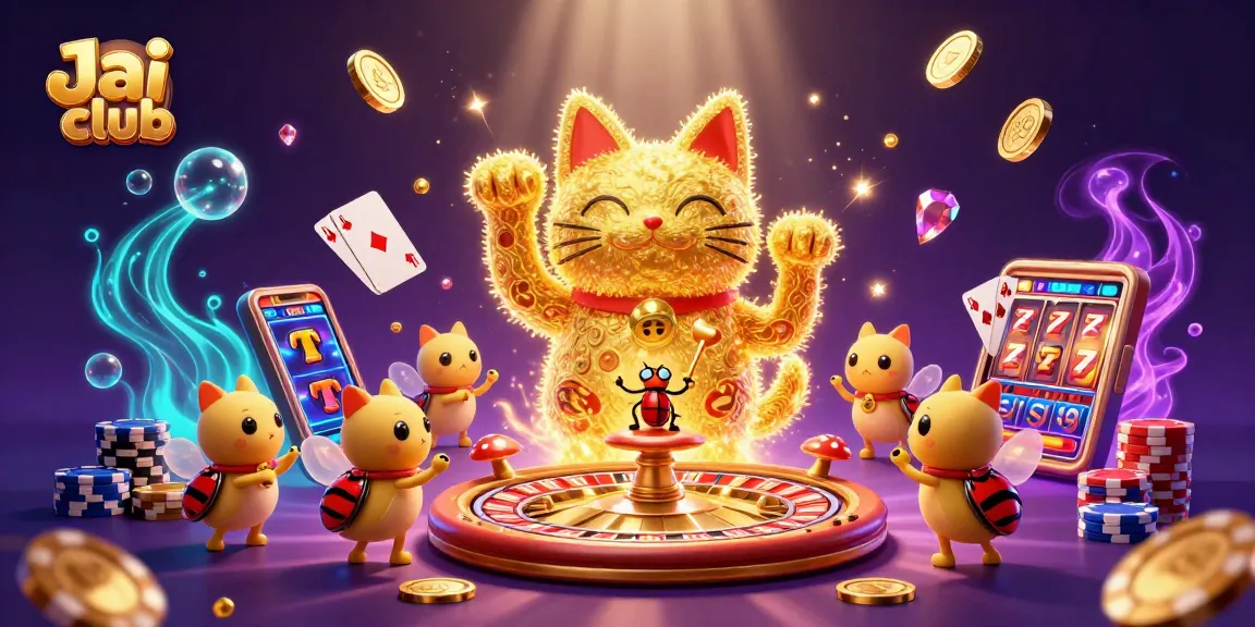 Experience thrilling gameplay at Jai club with a lucky cat and golden fireflies in this vibrant casino illustration.