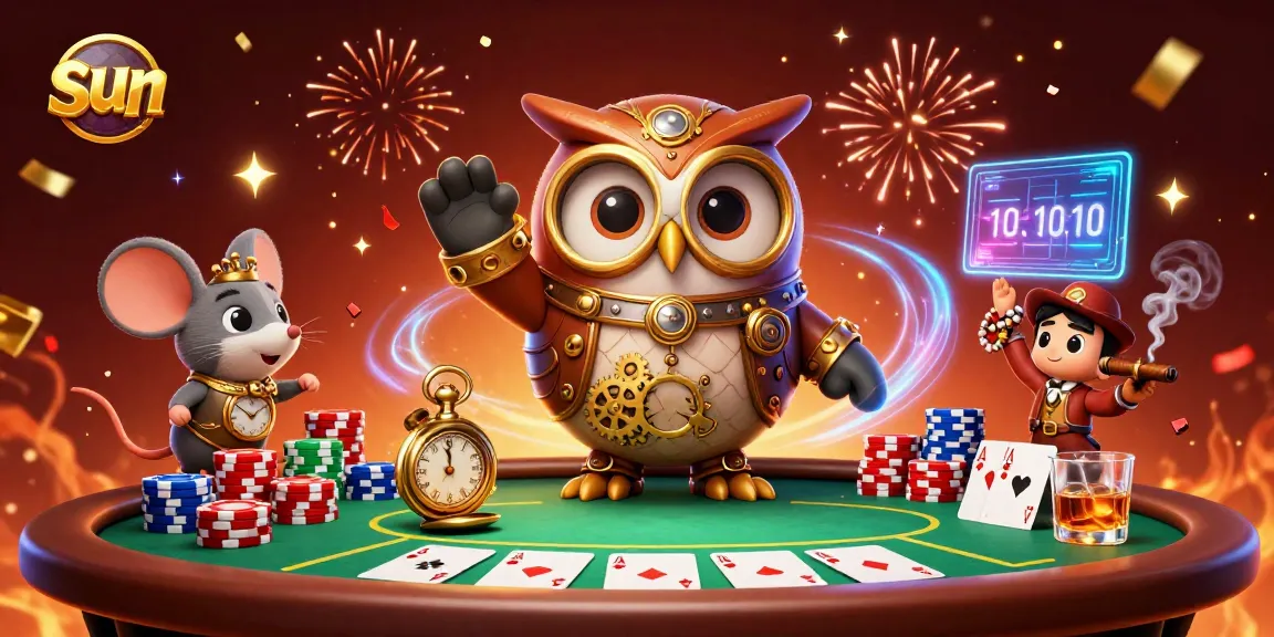 Engage with the sun-themed casino adventure featuring 3D cartoon characters interacting around vibrant poker elements.