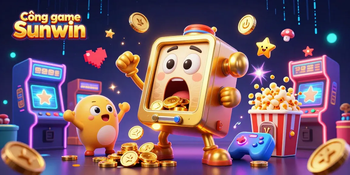 Cổng game Sunwin celebrates wins with golden slot machine and cheering baby slots in vibrant casino scene.