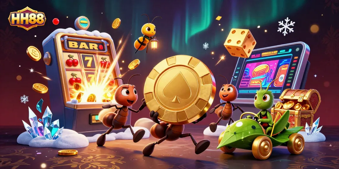 HH88 features a heist of ants with a golden poker chip amidst a dazzling casino scene.