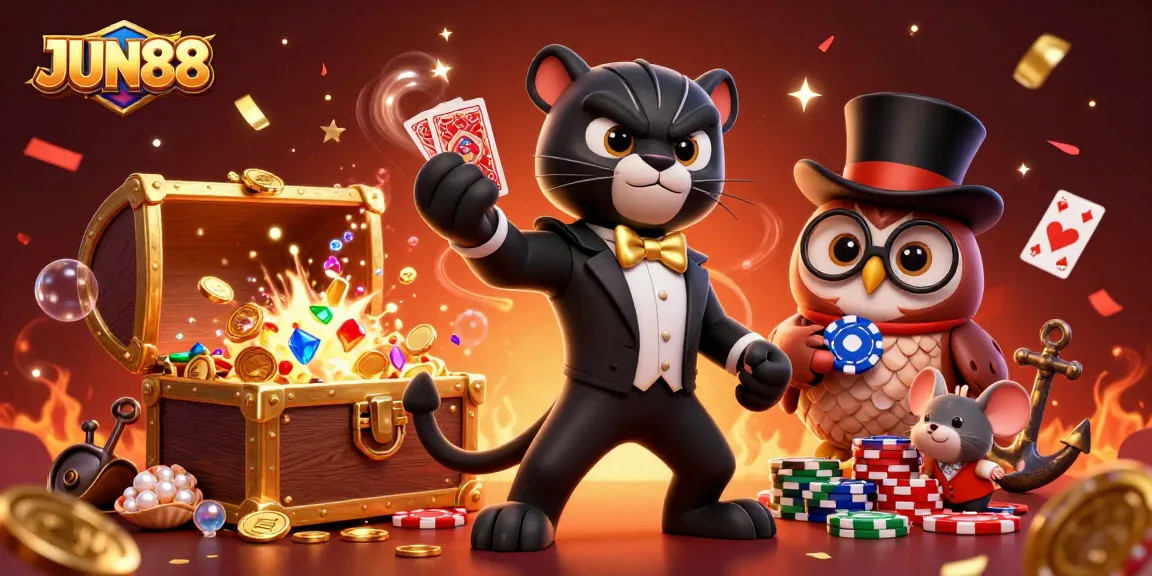 Engage with JUN88's thrilling gaming atmosphere featuring vibrant casino characters and dynamic elements.