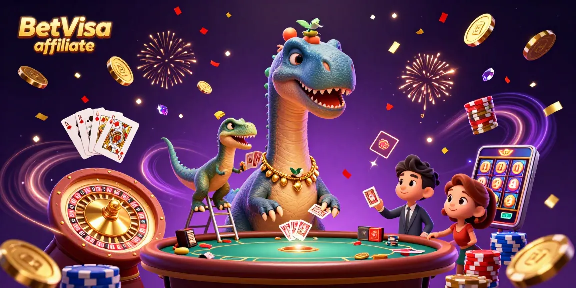 Engage in thrilling gameplay with the BetVisa affiliate program featuring a dinosaur-themed casino scene full of action.