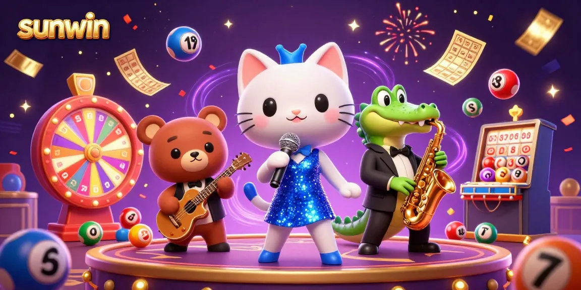 Experience sunwin's vibrant casino energy through a 3D illustration featuring lively characters and dynamic gambling elements.