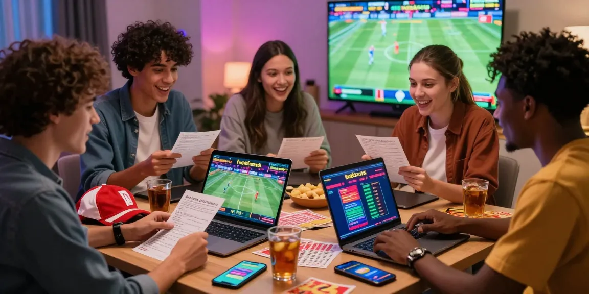 Friends enjoying a fun88casino online betting session together, celebrating their wagers on sports and lottery.