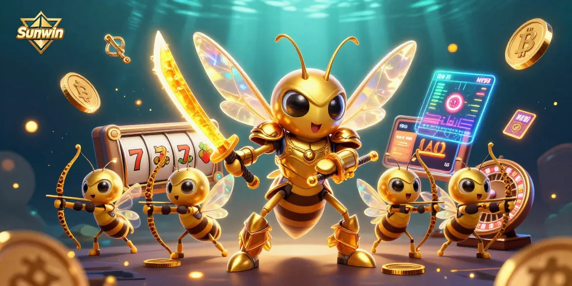 Play with Sunwin in a vibrant 3D casino scene featuring thrilling games and crypto elements.