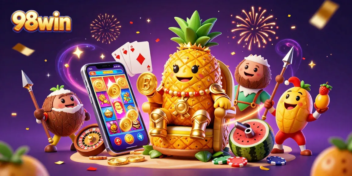 Catch the excitement of playing at 98win with a vibrant casino illustration showcasing thrilling games and characters.