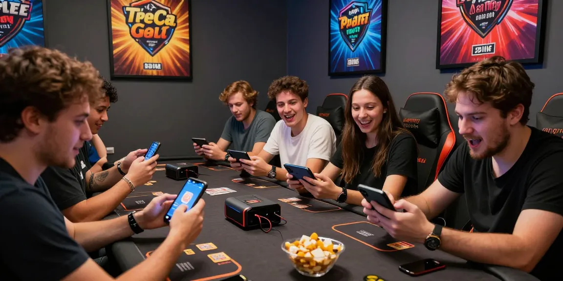 Exciting group of friends enjoying New Teen Patti Gold on their smartphones in a vibrant gaming lounge.