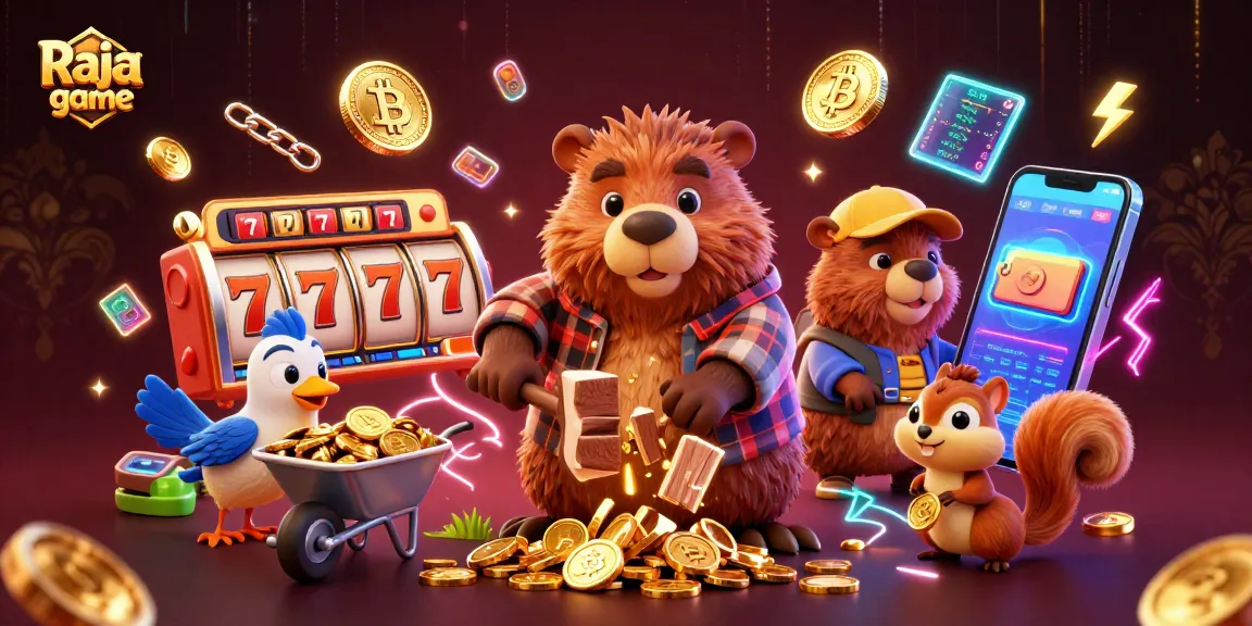 Engage with the exciting Raja game world filled with vibrant coin rains, slot reels, and adventurous characters.