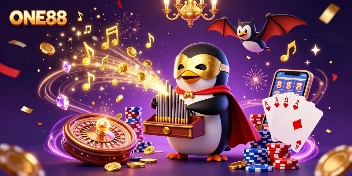 Experience the thrill at ONE88 with a vibrant 3D casino scene showcasing a lively penguin and dynamic game elements.