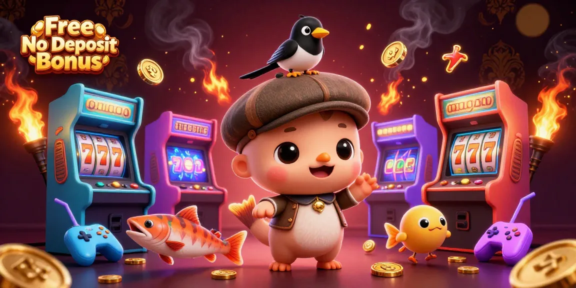 Engage with the exciting Free No Deposit Bonus showcasing cartoon characters, casino slots, and vibrant gaming elements.