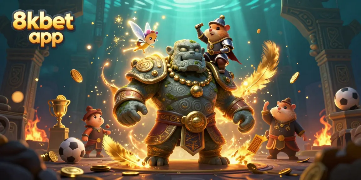Engage with the 8xbet app featuring a magical golem, fairy, and hamster knight in an exciting gambling scene