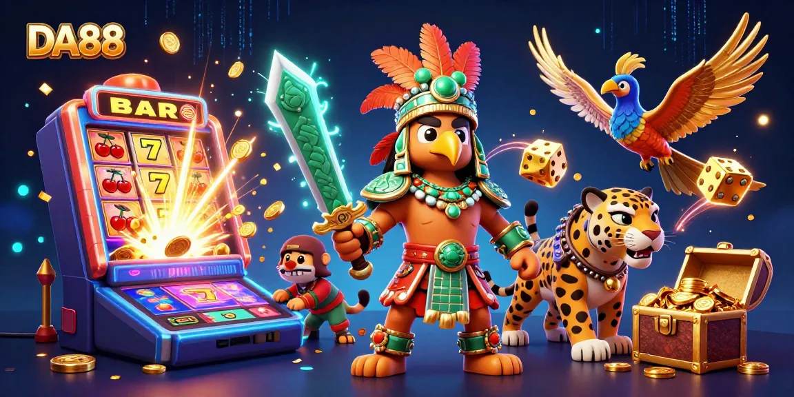 DA88's vibrant casino scene features an Aztec warrior, jaguar, and a slot machine explosion.