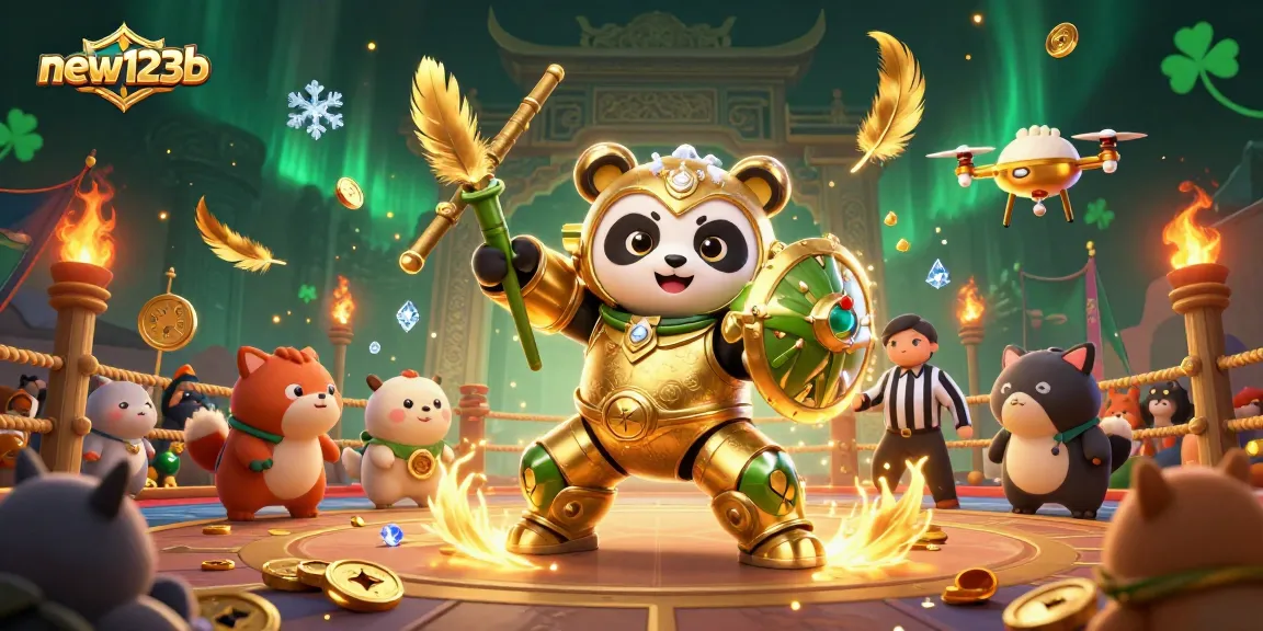 Experience thrilling wins with new123b in this vibrant 3D casino illustration featuring dynamic gameplay.