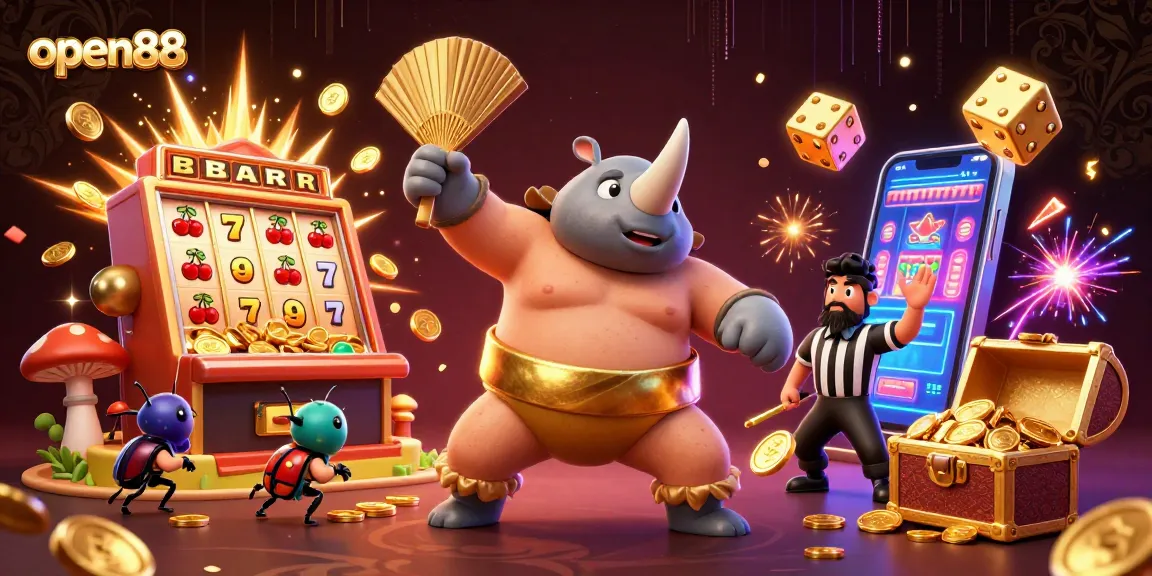 Watch open88’s exciting world with a dynamic cartoon beetle champion in action amid slot machines, coins, and vibrant colors.