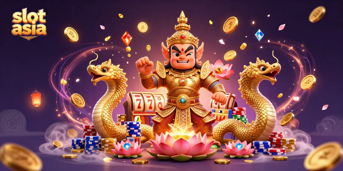 Menangkan slot asia dengan karakter penjaga kuil yang ramah dikelilingi koin emas dan tumpukan chip