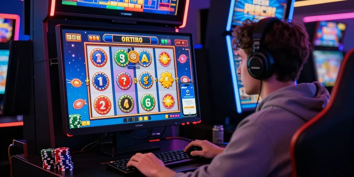 Pengalaman bermain slot jackpot dengan mesin slot berwarna cerah dan tumpukan chip di meja