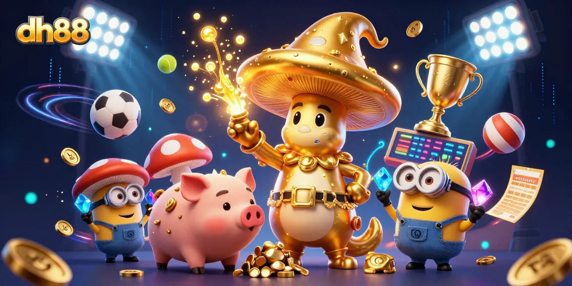 Experience the thrill of dh88 with a golden mushroom wizard and treasure-sniffing pig in a vibrant casino scene.