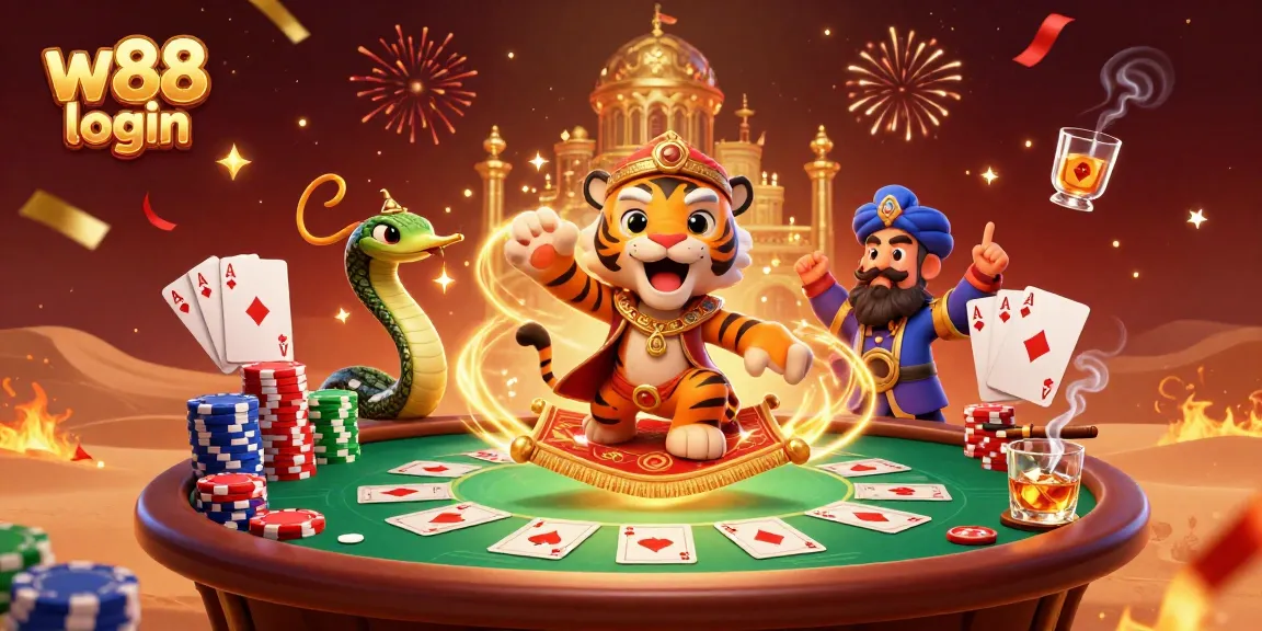 Experience the excitement of w88 login with vibrant casino elements and an enchanting Arabian Nights theme.