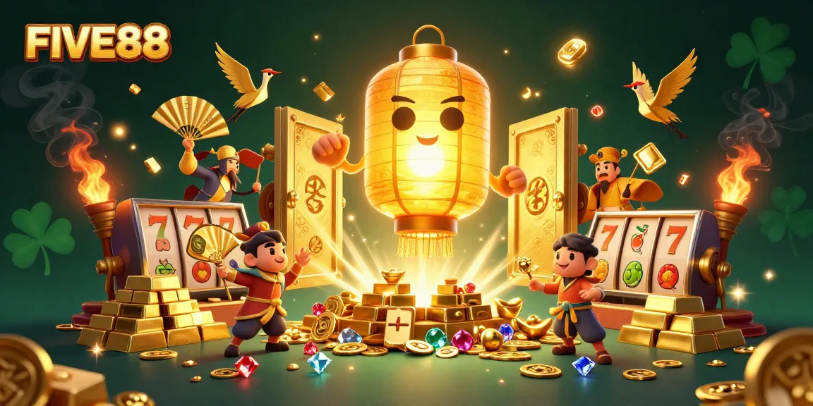 Engage in betting excitement at FIVE88 with a vibrant casino scene featuring golden treasures and lucky symbols.