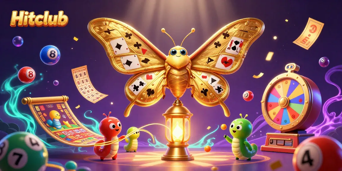 Hitclub engages players with vibrant lottery balls and a 3D atlas moth symbolizing the excitement of gaming.