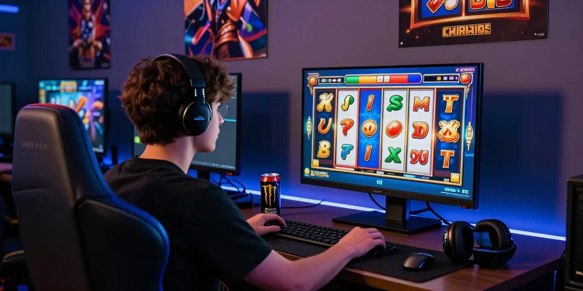 Pengguna bermain slot online di meja gaming dengan suasana ceria dan penuh energi.