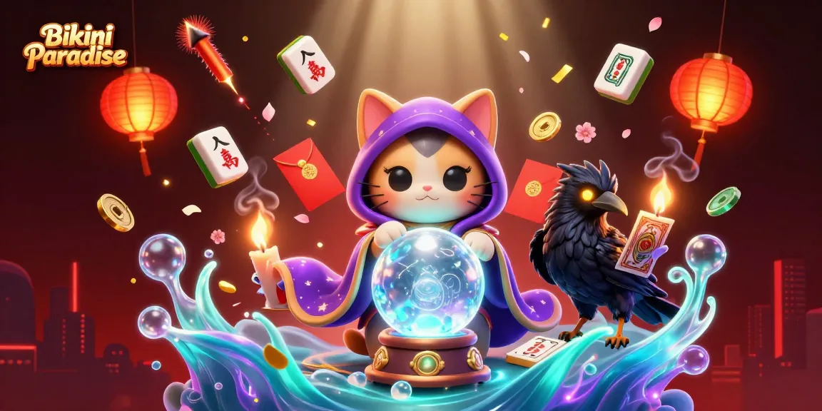 Experience Bikini Paradise slot excitement with a lively mystic scene of fortune teller characters and casino elements.