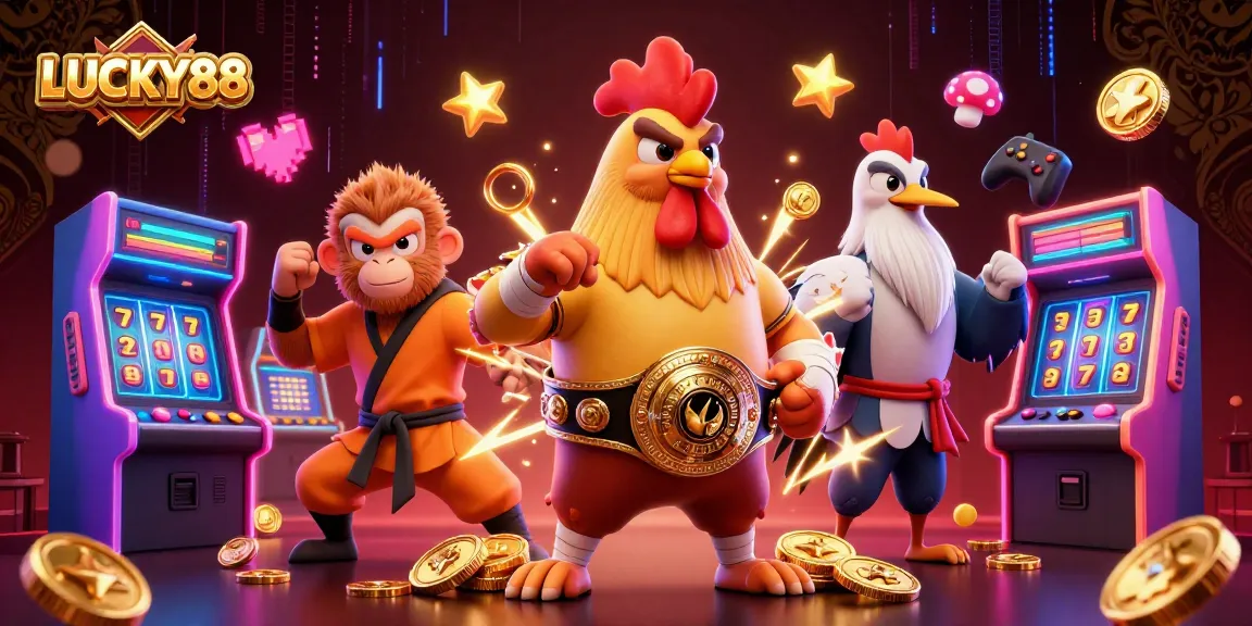 Catch the excitement of LUCKY88 with vibrant 3D cartoon characters amid dynamic gaming elements.