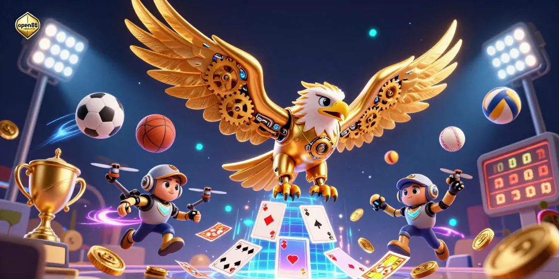 Experience thrilling gameplay at open88 with a vibrant scene of a golden eagle diving through holographic cards and dynamic sports elements.