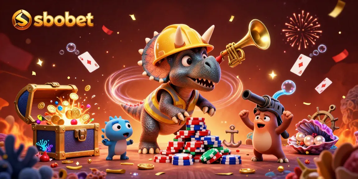 Sbobet gaming excitement with a 3D triceratops and friends celebrating a poker chip pyramid.