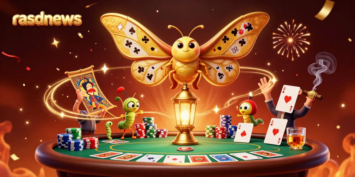 Rasdnews mempersembahkan ilustrasi kasino dengan ngengat raksasa dan permainan poker yang megah.