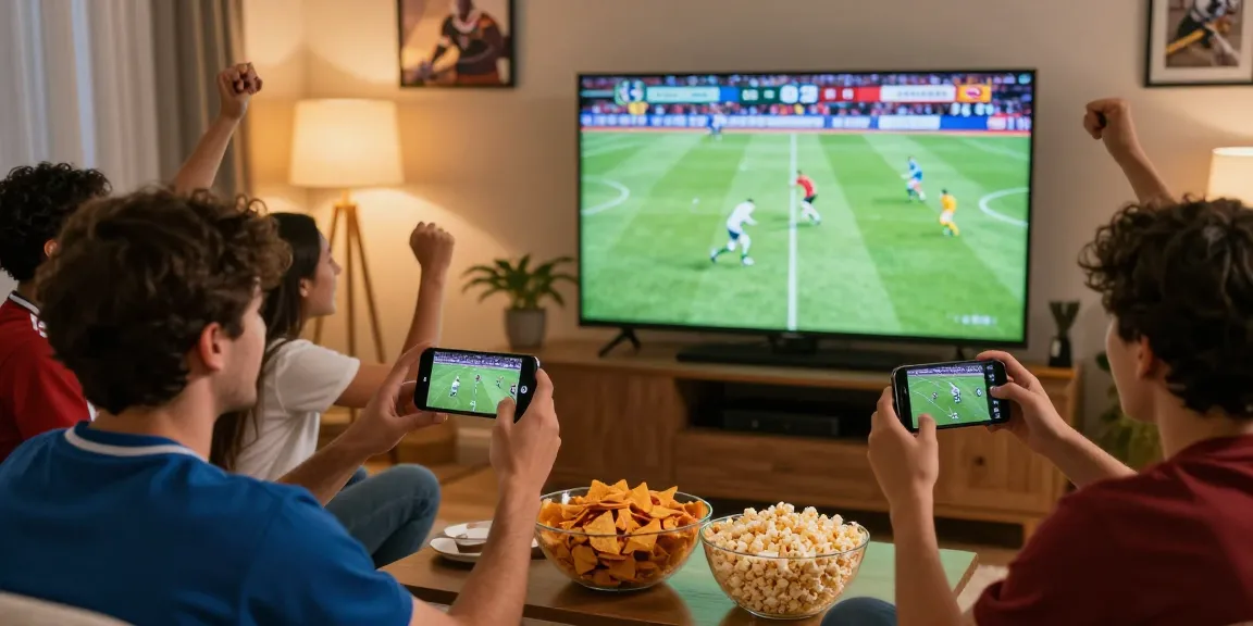Friends celebrate watching live sports on ihdsports with snacks and excitement.