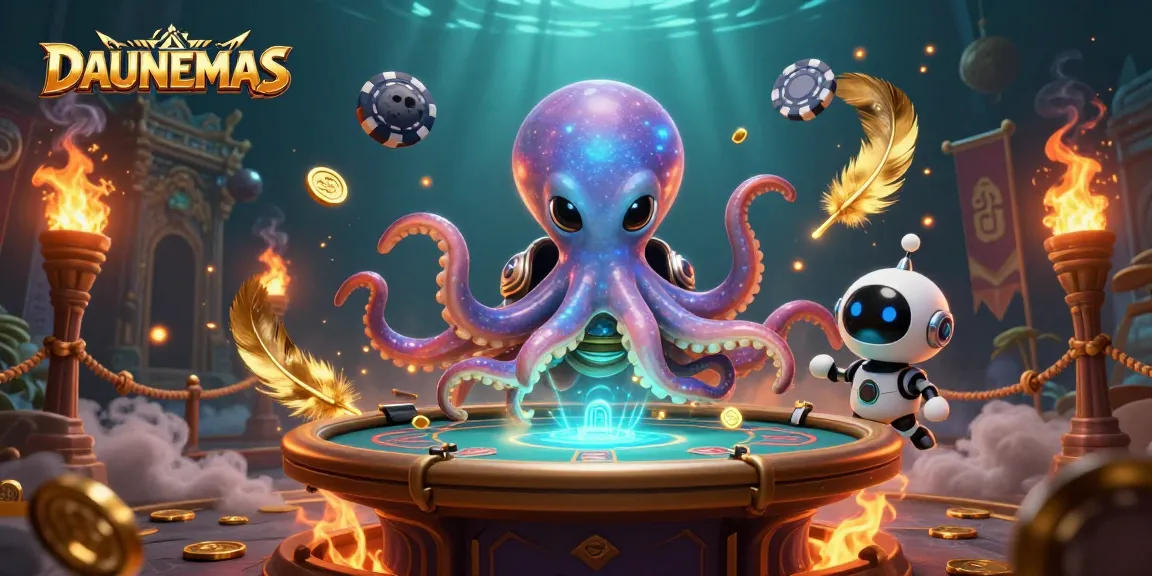 Engage with DAUNEMAS as an alien octopus skillfully manages a poker game amidst swirling golden elements.