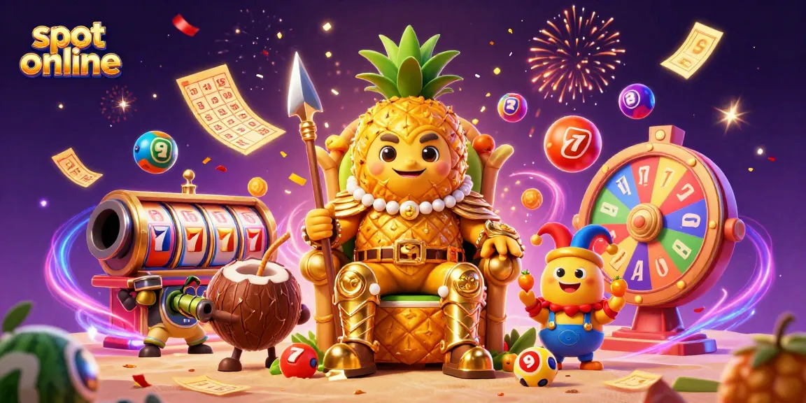 Slot online dengan grafik menarik menampilkan raja nanas bersenjatakan kelapa dalam suasana kasino pantai.