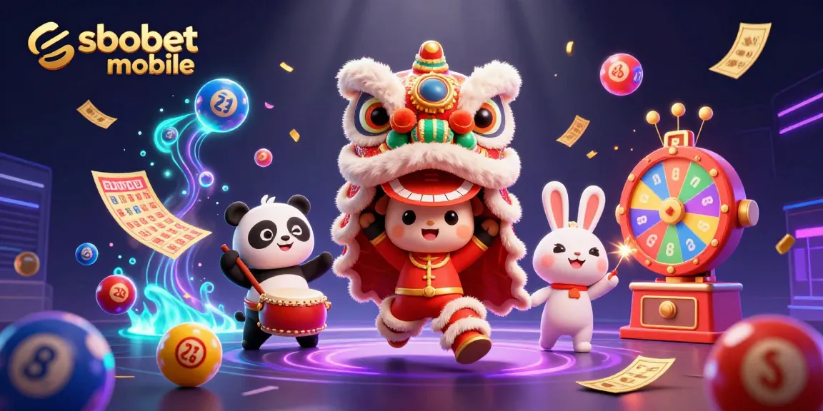Engage with sbobet mobile through a vibrant 3D carnival scene featuring a lion dance and casino elements.