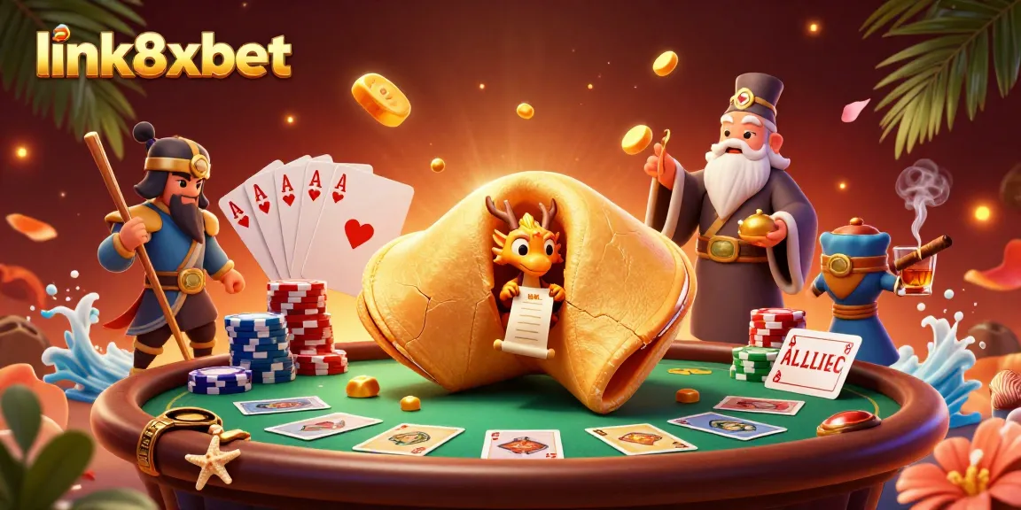 Experience thrilling gaming at link8xbet with a dynamic scene of fortune, poker chips, and characters.