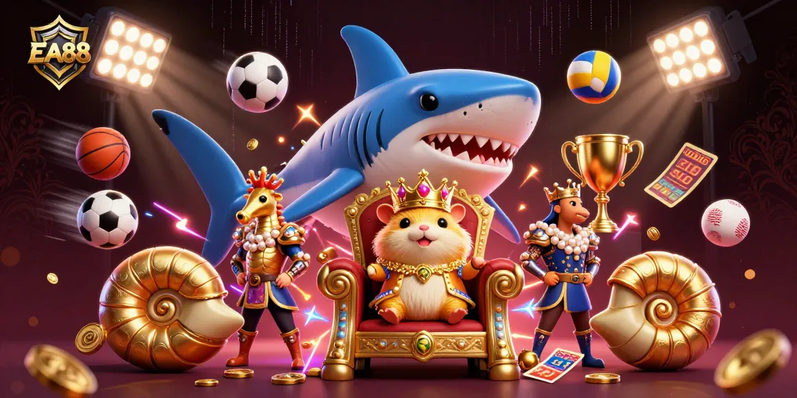 EA88 offers a vibrant scene with a golden hamster king on a megalodon throne amid sports elements.