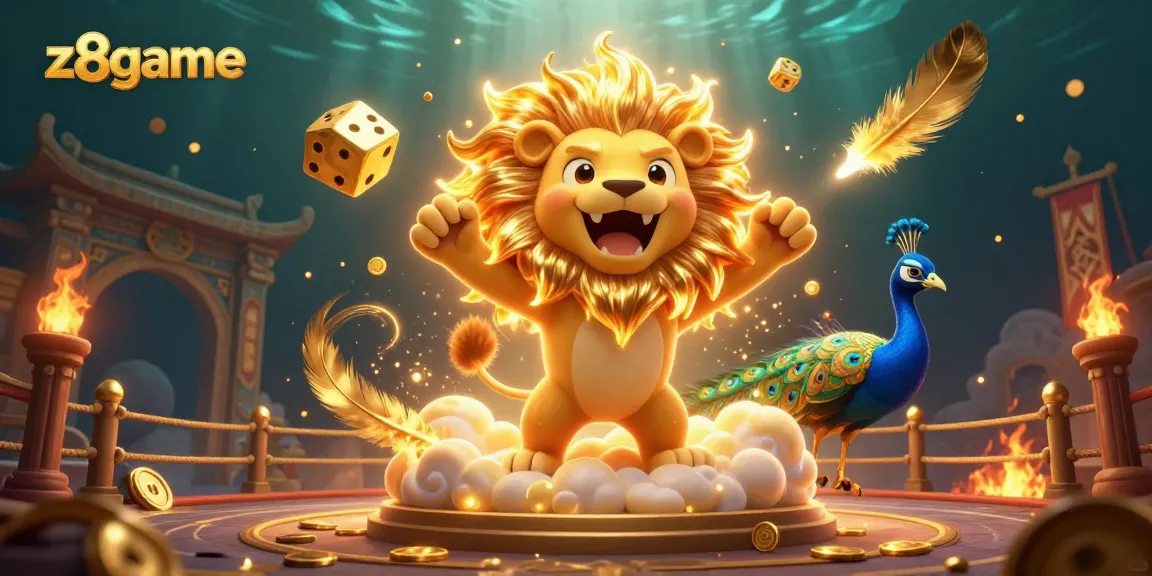 Experience excitement with z8game featuring a roaring sun lion and golden dice in a vibrant casino atmosphere.