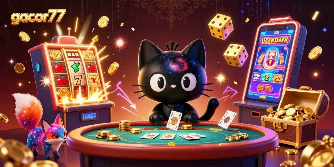 Gacor77 menarik chip emas dan kartu di kasino digital dengan kucing hitam dan rubah nebula.
